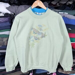 grannycore Womens Sweatshirt Size S Light Green Butterfly Rhinestone Floral